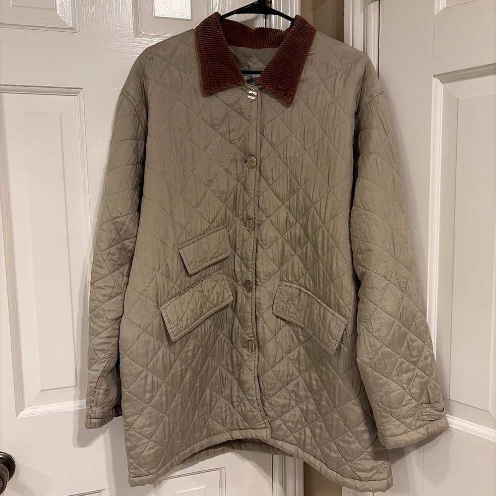 Bogari Silk Quilted Barn Jacket Mens Large Taupe Tan Corduroy Collar Padded Coat
